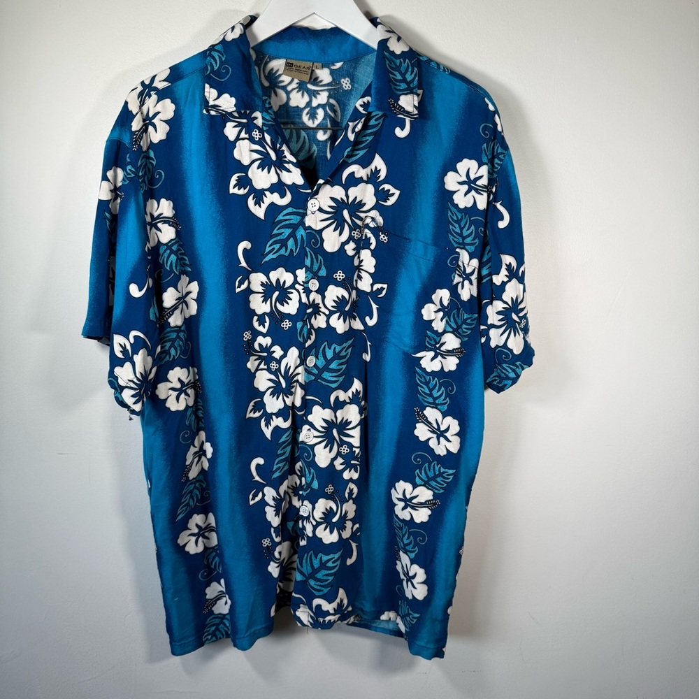 In Gear Hawaiian Shirt Men’s Large Blue White Floral Aloha Button Up 100% Rayon